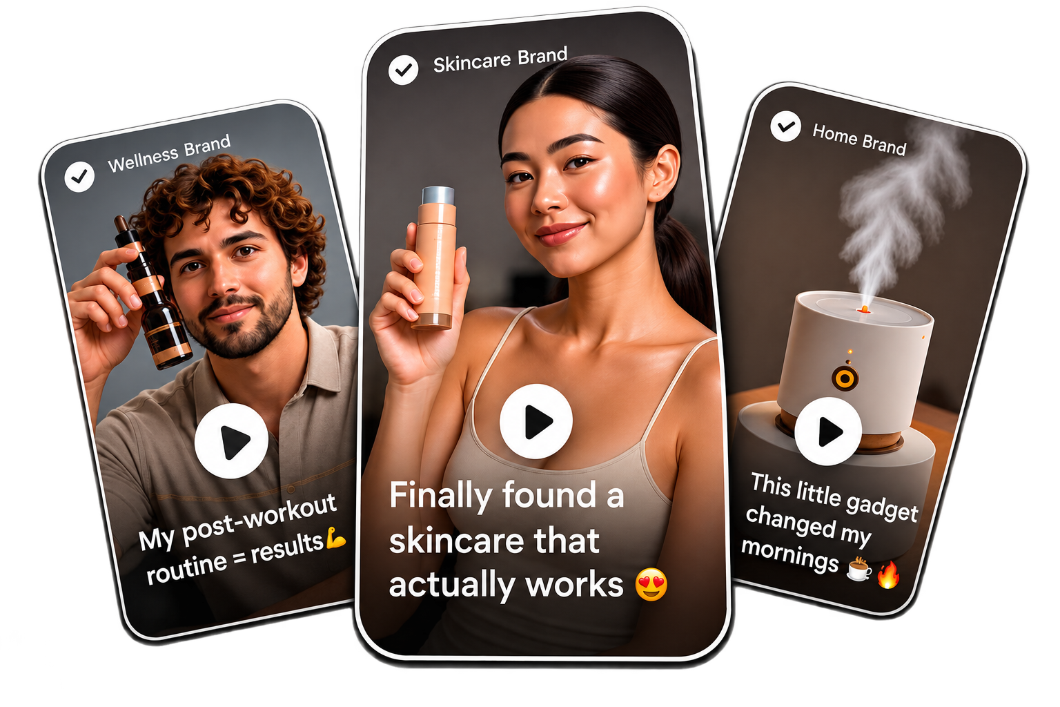 UGC-style ad examples showing skincare, wellness, and home product videos